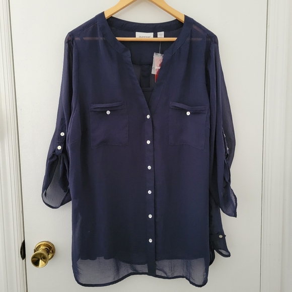 Avenue Tops - Avenue || 18/20 Blue Sheer Button Down Top with Blue Camisole Attached
